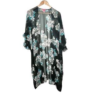 Betsey Johnson Floral Sheer Duster Kimono Cottagecore Coverup Coquette Ruffled